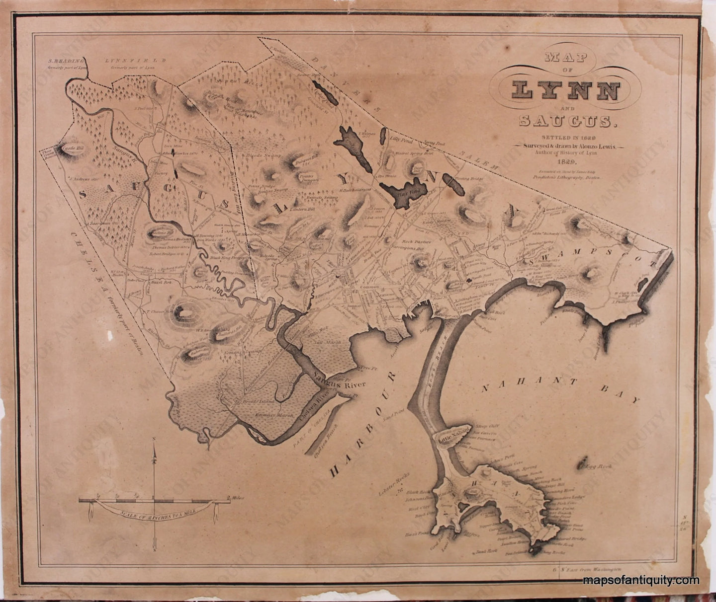 Antique-Black-and-White-Map-Map-of-Lynn-and-Saugus.-Settled-in-1629.-US-Massachusetts-Lynn-1829-Lewis-Maps-Of-Antiquity