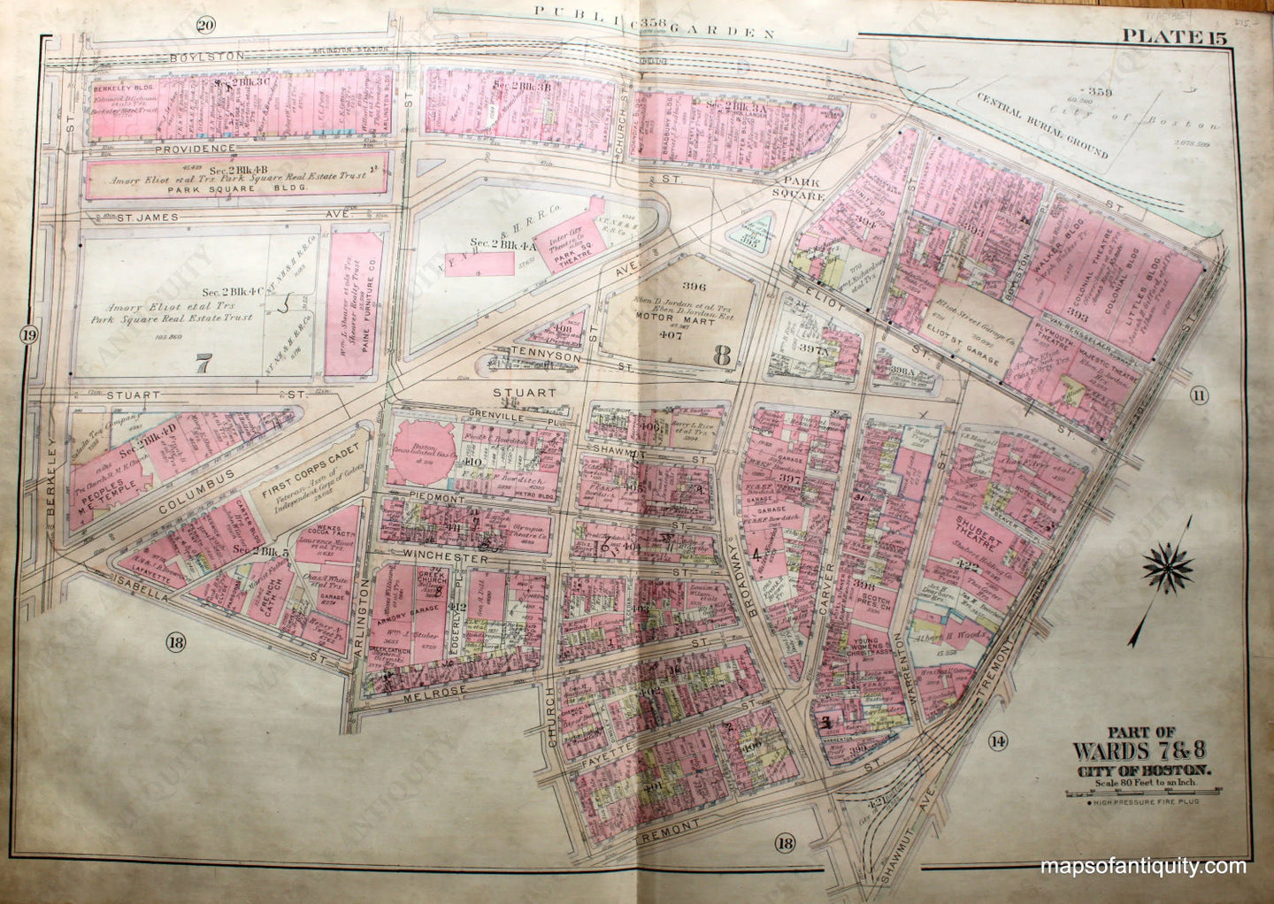 Antique-Hand-Colored-Map-City-of-Boston-MA-Part-of-Wards-7-&-8-US-Massachusetts-Boston-1922-Bromley-Maps-Of-Antiquity