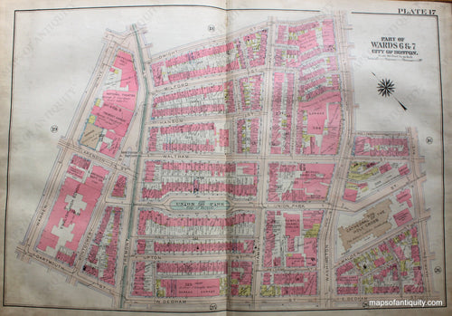 Antique-Hand-Colored-Map-City-of-Boston-MA-Part-of-Wards-6-&-7-US-Massachusetts-Boston-1922-Bromley-Maps-Of-Antiquity