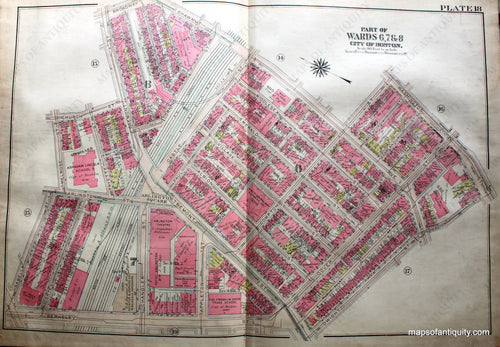 Antique-Hand-Colored-Map-City-of-Boston-MA-Part-of-Wards-6-7-&-8-US-Massachusetts-Boston-1922-Bromley-Maps-Of-Antiquity