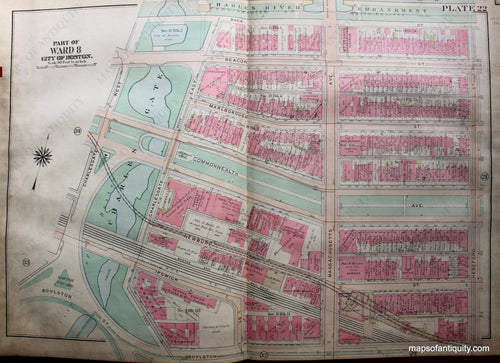 Antique-Hand-Colored-Map-City-of-Boston-MA-Part-of-Ward-8-US-Massachusetts-Boston-1922-Bromley-Maps-Of-Antiquity