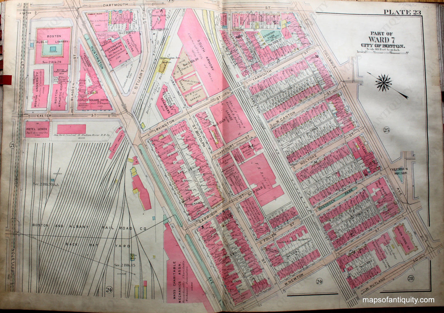 Antique-Hand-Colored-Map-City-of-Boston-MA-Part-of-Ward-7-US-Massachusetts-Boston-1922-Bromley-Maps-Of-Antiquity