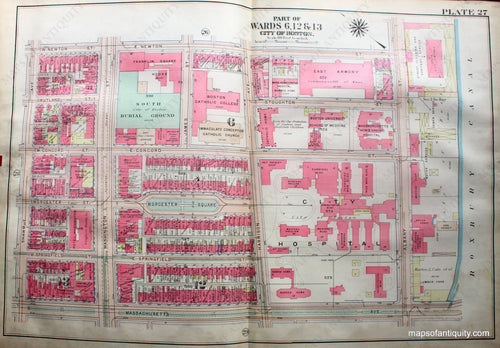 Antique-Hand-Colored-Map-City-of-Boston-MA-Part-of-Wards-6-12-&-13-US-Massachusetts-Boston-1922-Bromley-Maps-Of-Antiquity