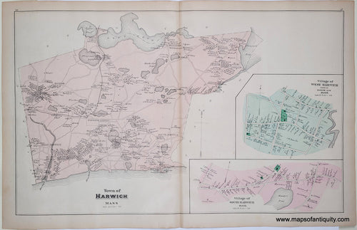 Antique map of the town of Harwich, massachusetts, in antique tones of pink, peach, and green with darker green for cemeteries and parks. 