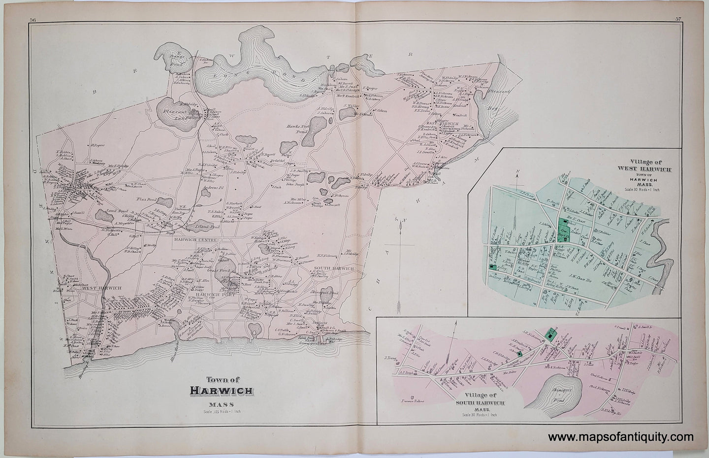 Antique map of the town of Harwich, massachusetts, in antique tones of pink, peach, and green with darker green for cemeteries and parks. 