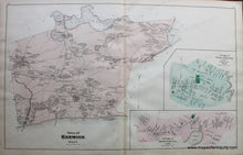 Load image into Gallery viewer, Antique map of the town of Harwich, massachusetts, in antique tones of pink, peach, and green with darker green for cemeteries and parks. 
