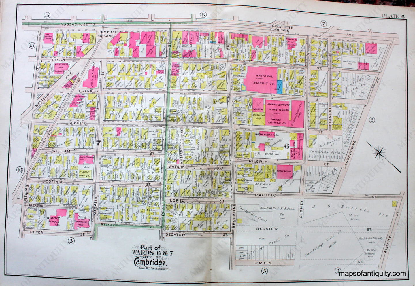 Antique-Hand-Colored-Map-City-of-Cambridge-MA-Part-of-Wards-6-&-7-Central-Square-US-Massachusetts-Cambridge-1903-Bromley-Maps-Of-Antiquity