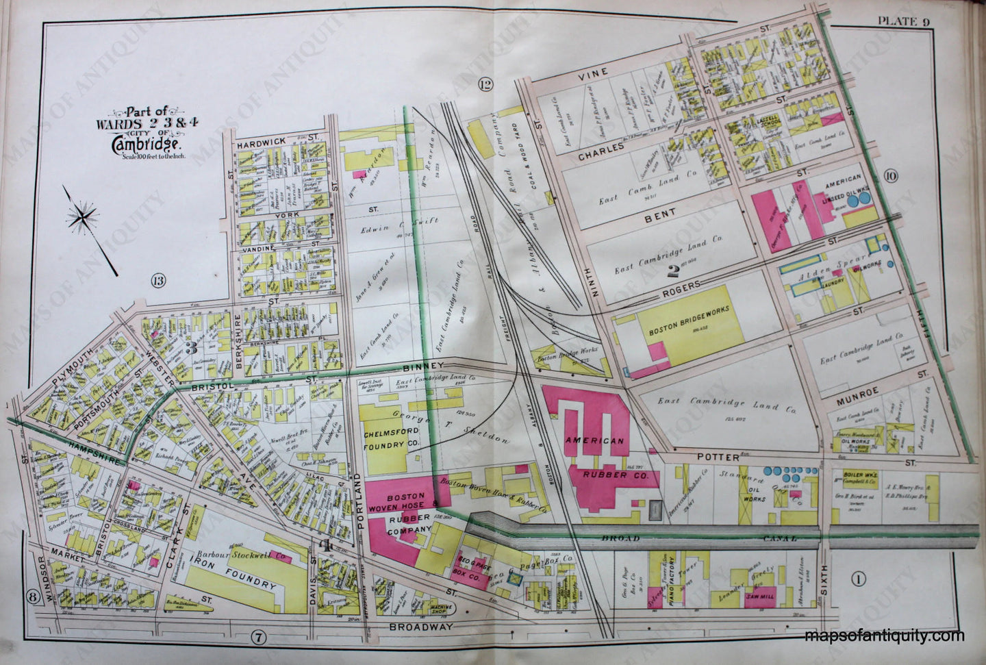 Antique-Hand-Colored-Map-City-of-Cambridge-MA-Part-of-Wards-2-3-&-4-Boston-&-Albany-Railroad-Co.-US-Massachusetts-Cambridge-1903-Bromley-Maps-Of-Antiquity