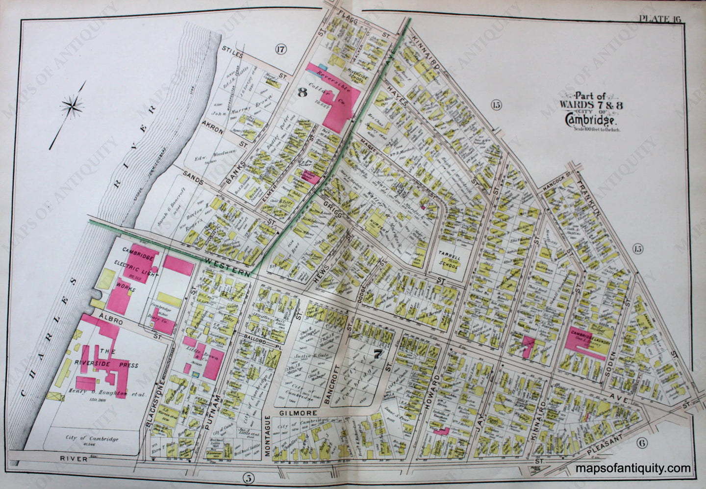 Antique-Hand-Colored-Map-City-of-Cambridge-MA-Part-of-Wards-7-&-8-Cambridge-Electric-Light-Works-US-Massachusetts-Cambridge-1903-Bromley-Maps-Of-Antiquity