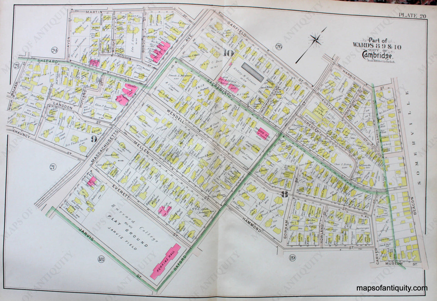 Antique-Hand-Colored-Map-City-of-Cambridge-MA-Part-of-Wards-8-9-&-10-US-Massachusetts-Cambridge-1903-Bromley-Maps-Of-Antiquity