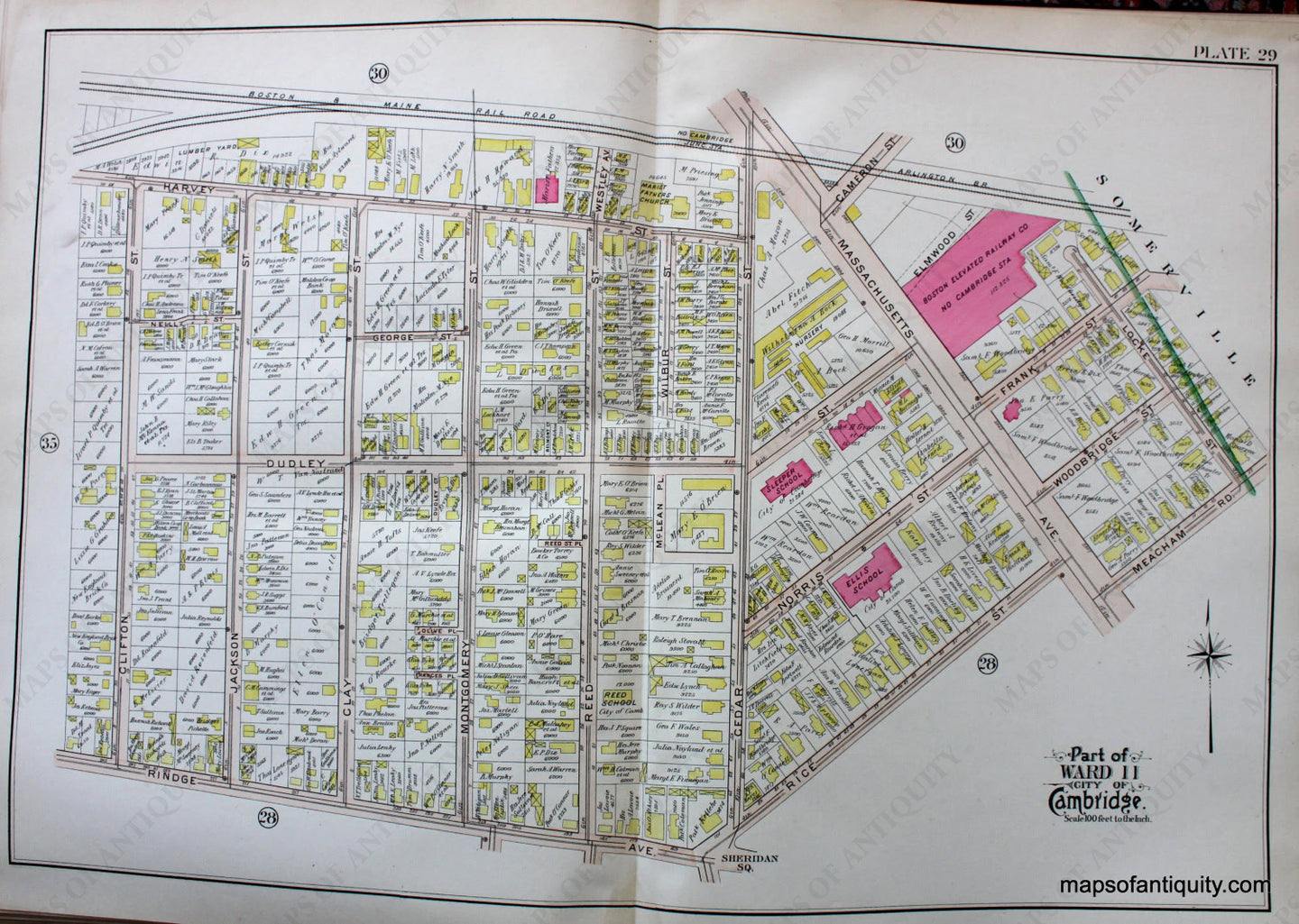 Antique-Hand-Colored-Map-City-of-Cambridge-MA-Part-of-Ward-11-US-Massachusetts-Cambridge-1903-Bromley-Maps-Of-Antiquity