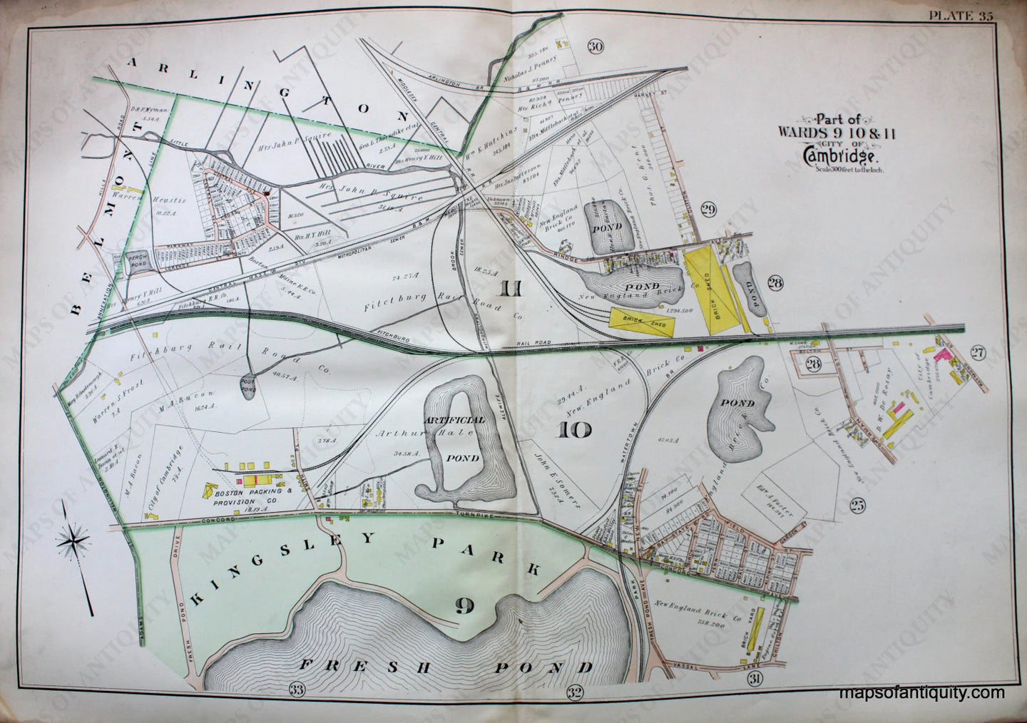 Antique-Hand-Colored-Map-City-of-Cambridge-MA-Part-of-Wards-9-10-&-11-Kingsley-Park-US-Massachusetts-Cambridge-1903-Bromley-Maps-Of-Antiquity