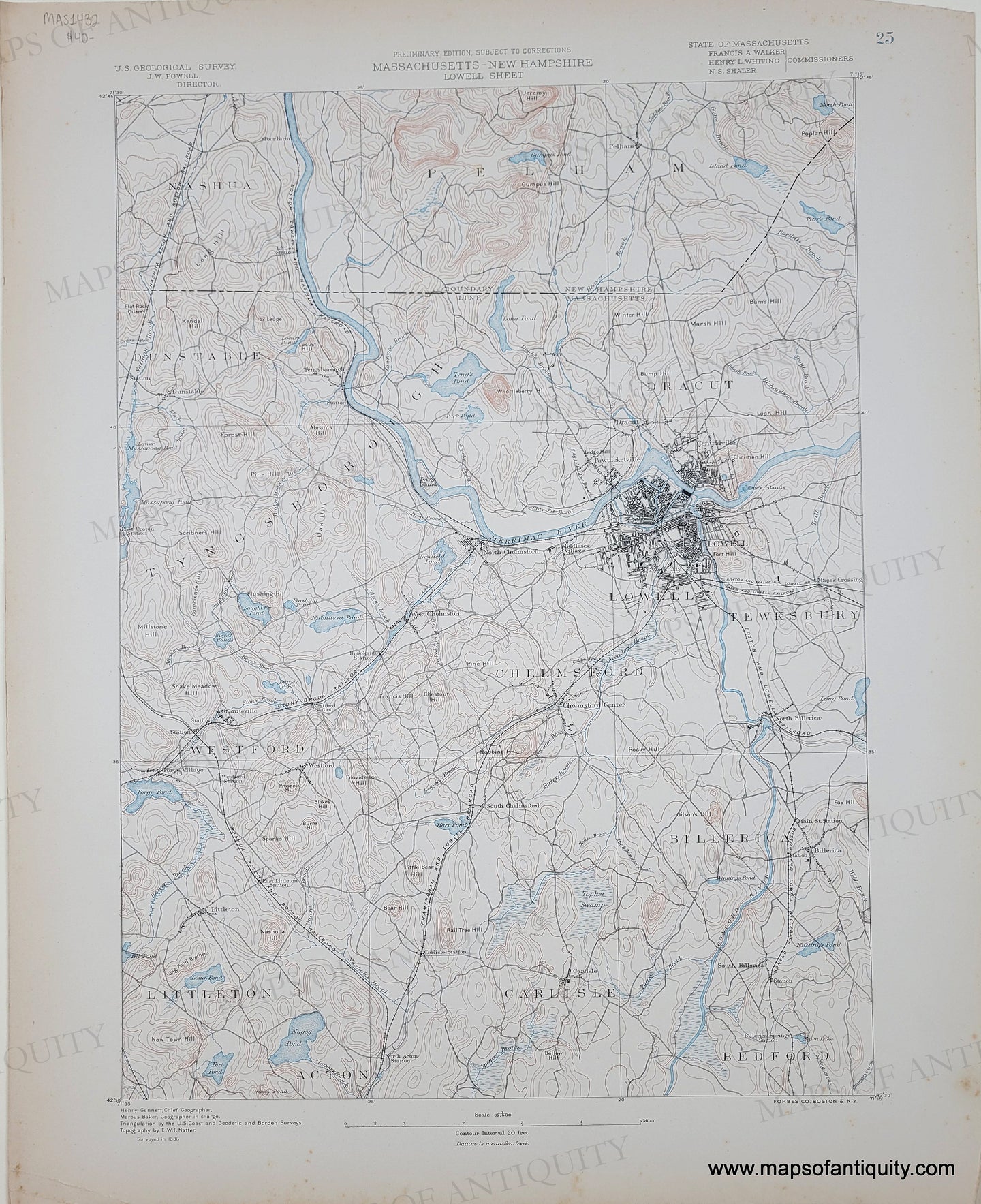 Antique map of part of Massachusetts near Lowell with labeled places and geographical features. Original printed color in blue and mahogany tones for water and land features.