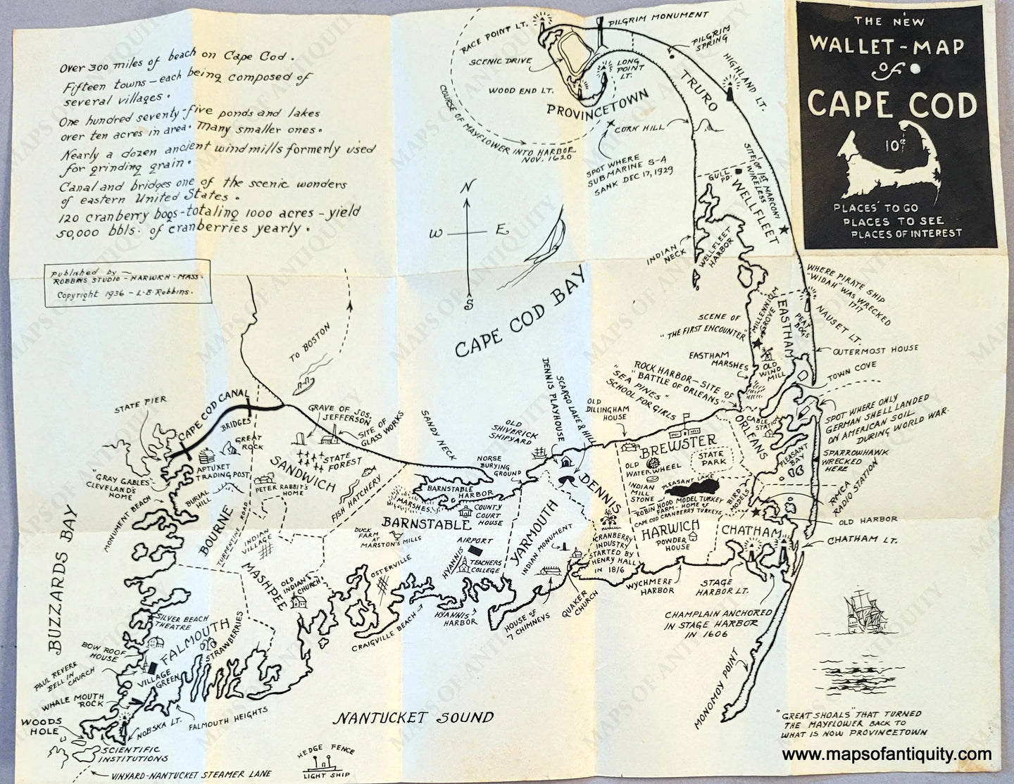 Antique-Lithograph-Black-and-White-Map-folding-The-New-Wallet-Map-of-Cape-Cod-US-Massachusetts-Cape-Cod-and-Islands-1936-L.B.-Robbins-Maps-Of-Antiquity