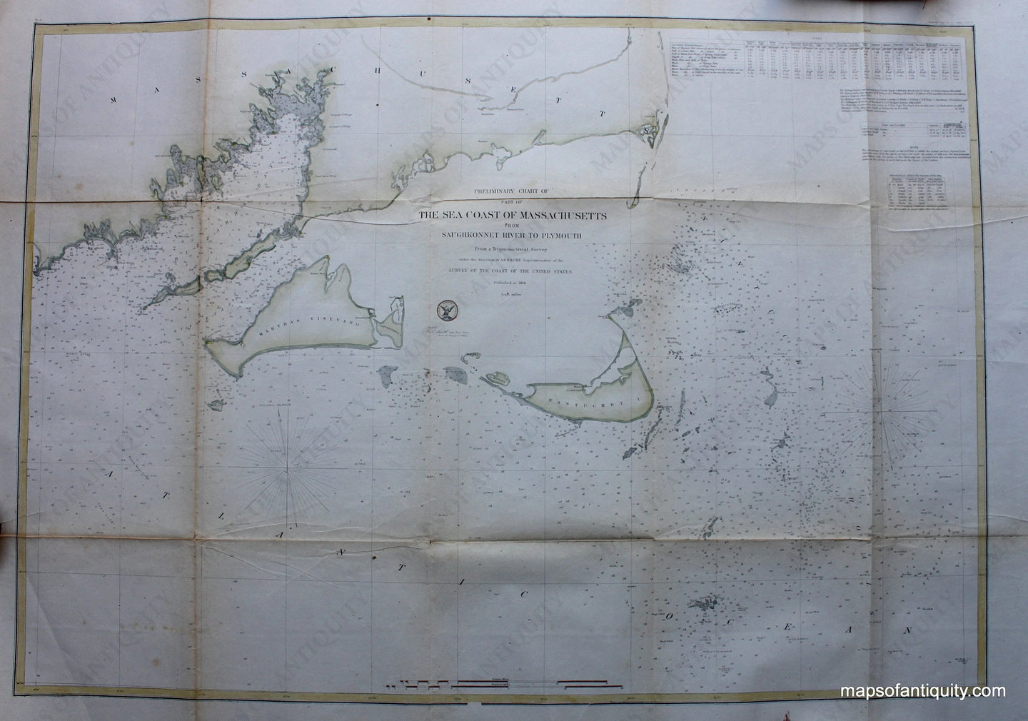 Hand-colored-Nautical-Chart-The-Sea-Coast-of-Massachusetts-from-Saughkonnet-River-to-Plymouth-**********-Massachusetts-Cape-Cod-and-Islands-1856-U.S.-Coast-Survey-Maps-Of-Antiquity