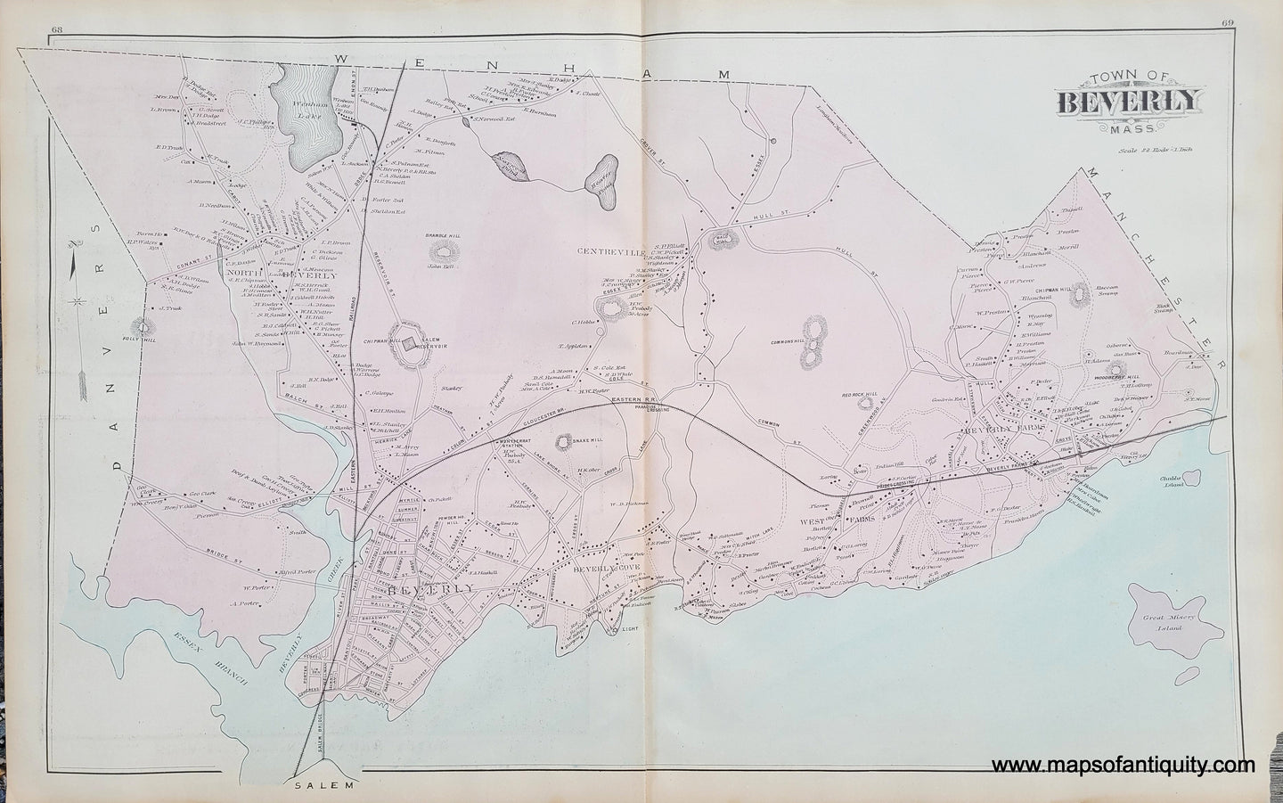 Antique-Hand-Colored-Map-Beverly-Mass.--**********-Massachusetts--1884-Walker-Maps-Of-Antiquity
