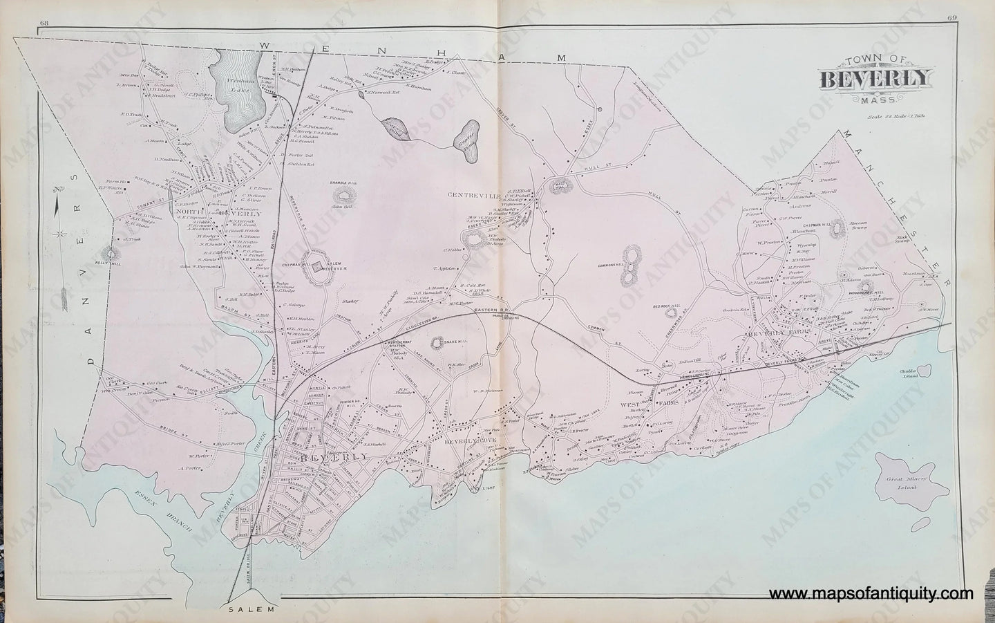 Antique-Hand-Colored-Map-Beverly-Mass.--**********-Massachusetts--1884-Walker-Maps-Of-Antiquity