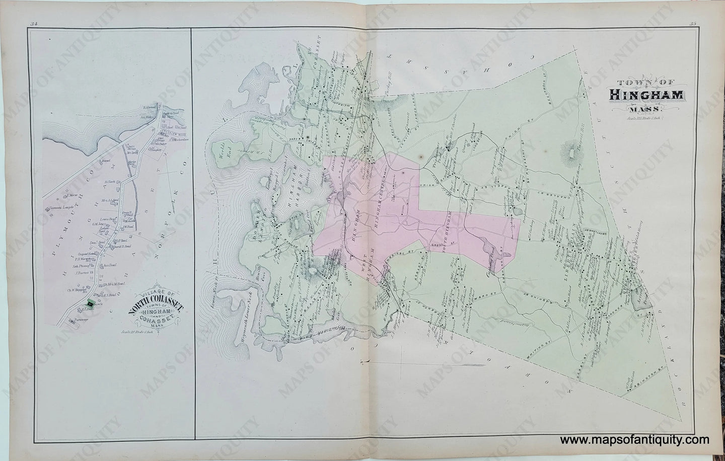 Antique-Hand-Colored-Map-Hingham/Scituate/Scituate-Harbor/North-Cohasset--(MA)-United-States-Massachusetts-1879-Walker-Maps-Of-Antiquity