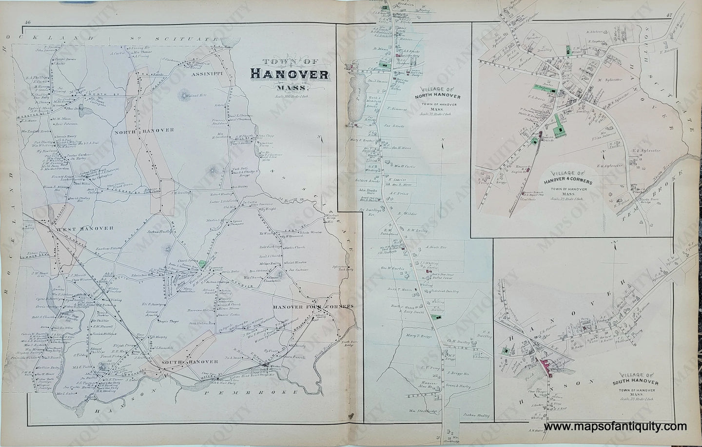 Antique-Hand-Colored-Map-Hanover/Hanson-(MA)-United-States-Massachusetts-1879-Walker-Maps-Of-Antiquity