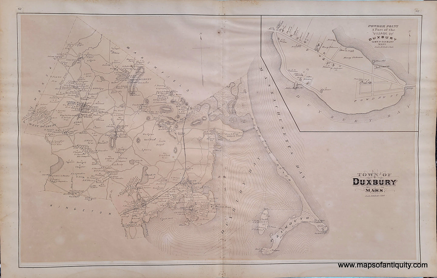 Antique-Hand-Colored-Map-Duxbury Pembroke Plympton-(MA)--United-States-Massachusetts-1879-Walker-Maps-Of-Antiquity