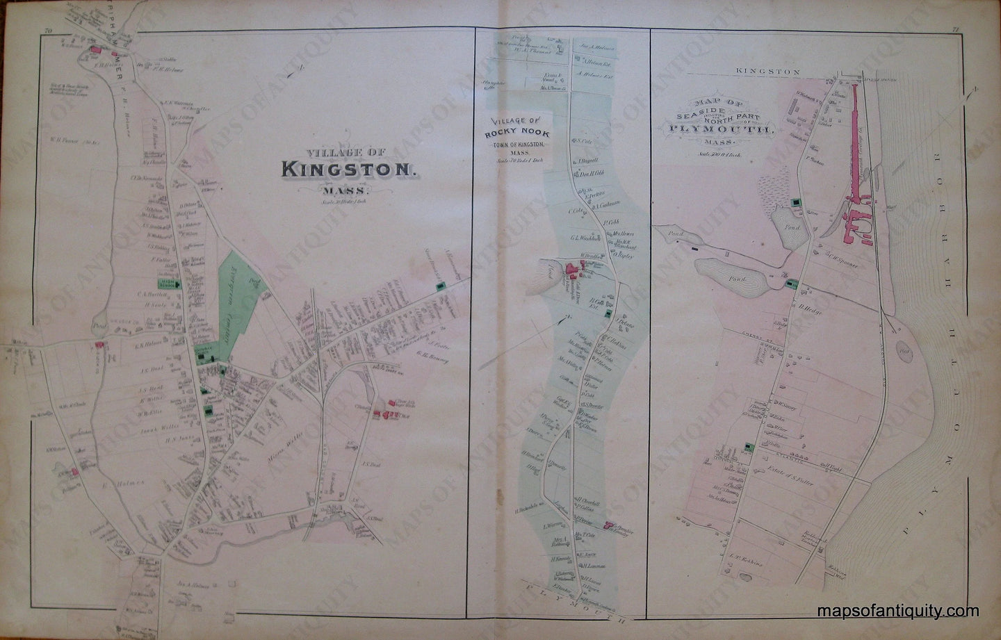 Antique-Hand-Colored-Map-Kingston/Halifax/Silver-Lake-(MA)-United-States-Massachusetts-1879-Walker-Maps-Of-Antiquity