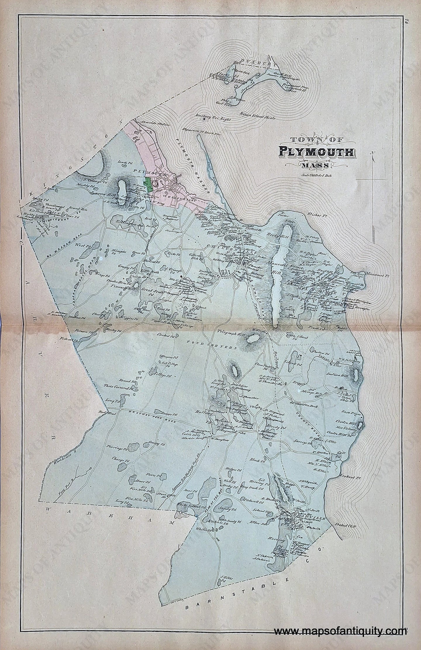 1879 - Plymouth (Ma) Antique Map Genuine Hand-Colored