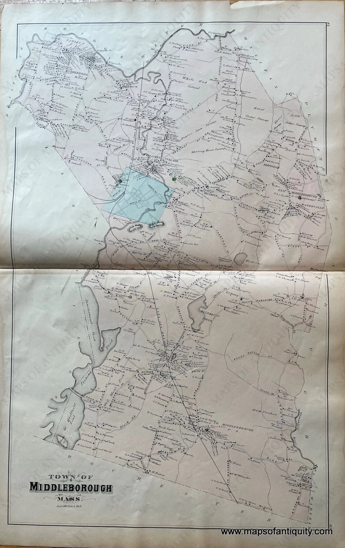 Antique-Hand-Colored-Map-Middleborough-(MA)-**********-United-States-Massachusetts-1879-Walker-Maps-Of-Antiquity