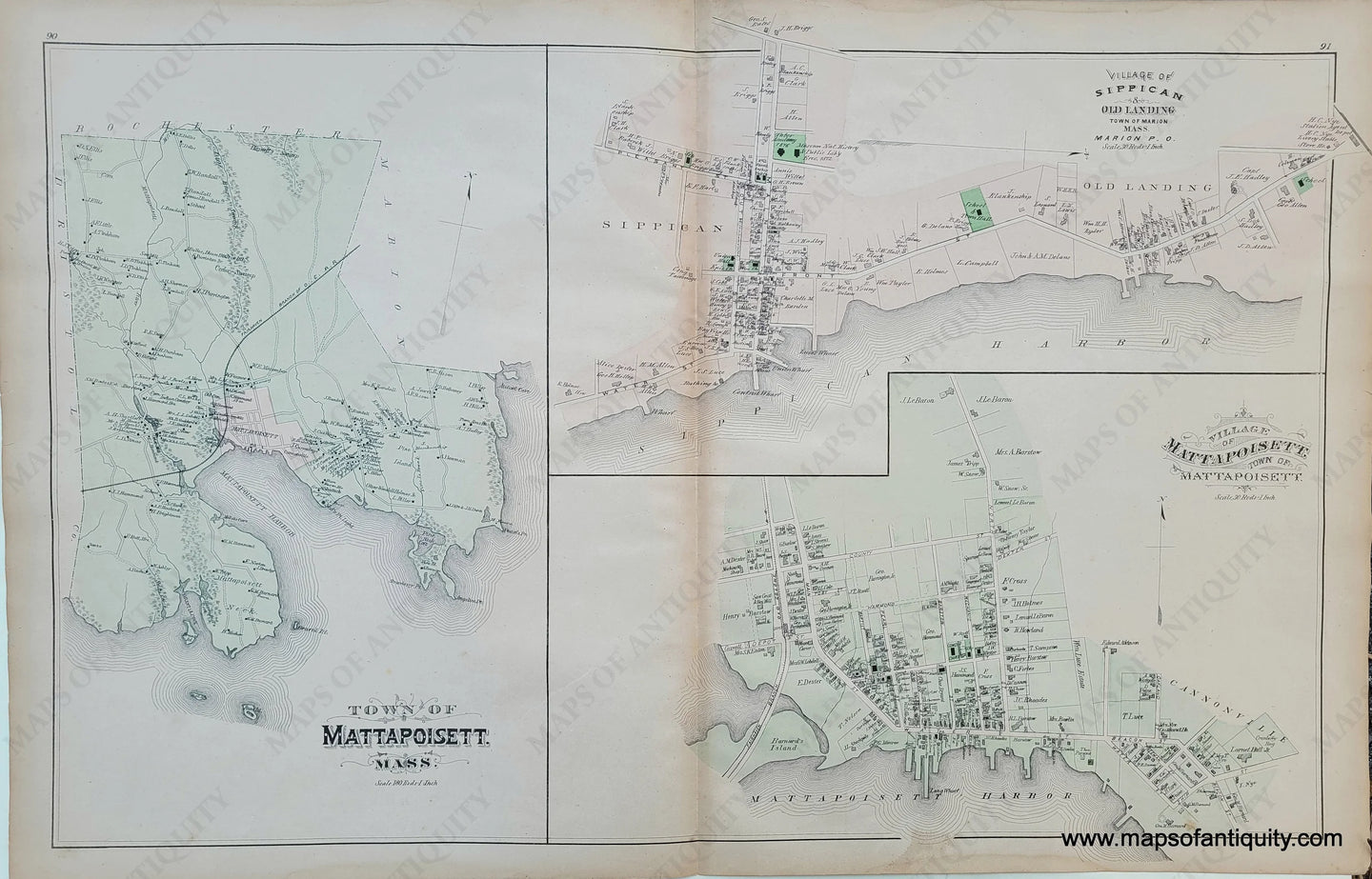 Antique-Hand-Colored-Map-Mattapoisett/Sippican/North-Carver/Bryantville/Ellis-Furnace/Agawam--(MA)--United-States-Massachusetts-1879-Walker-Maps-Of-Antiquity