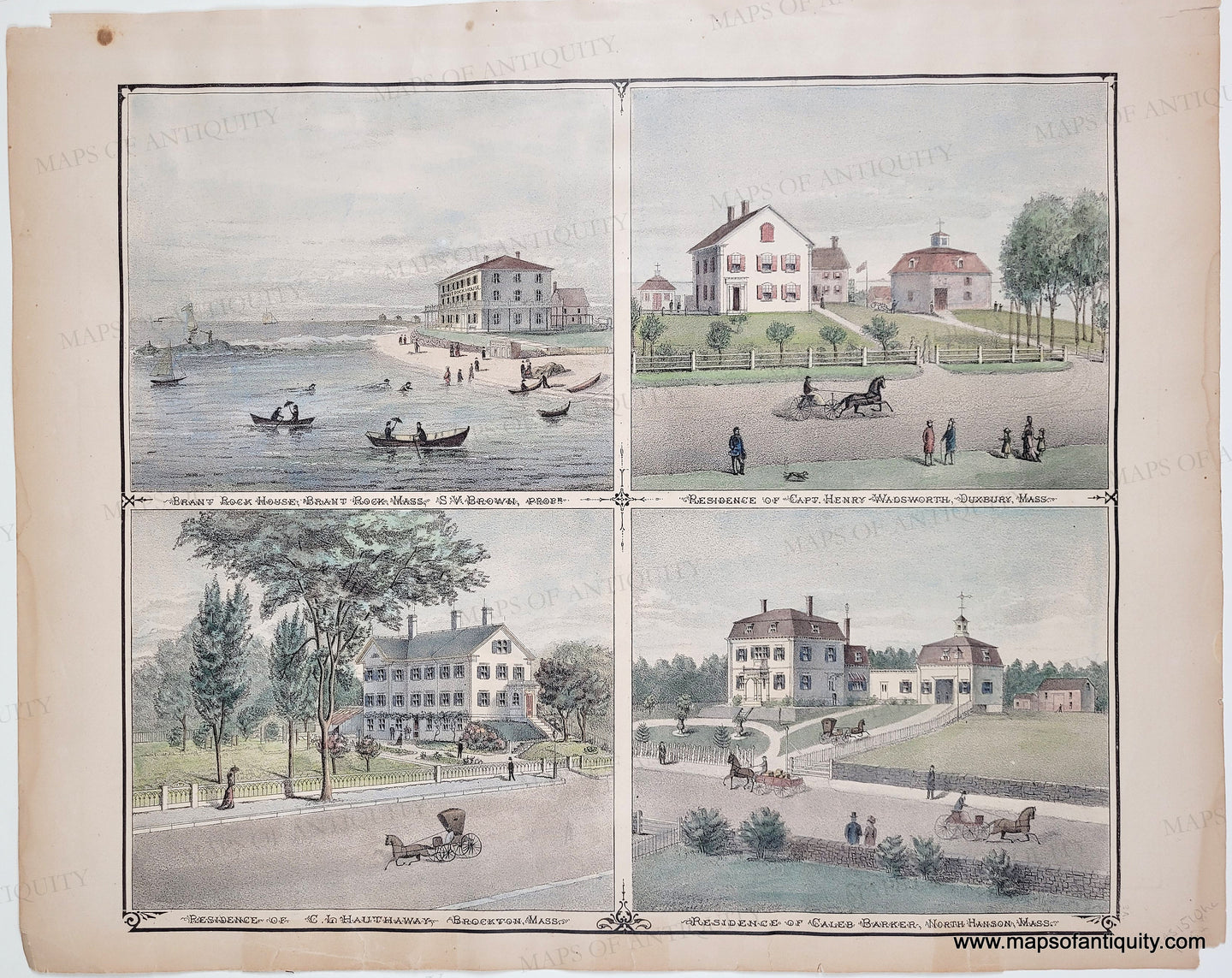 Antique illustration of a series of four scenes featuring buildings and people. Engraving-Summer-Residences-Plymouth-County-(MA)-United-States-Massachusetts-1879-Walker-Maps-Of-Antiquity.