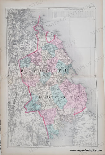 Antique map of Plymouth COunty, MA with original hand-coloring in tones of pink, yellow, orange and green. Colored by town.