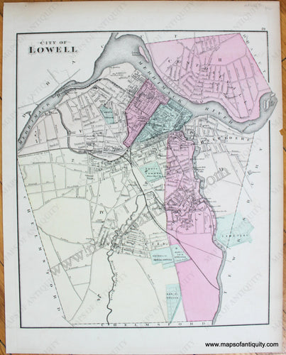 Antique-Hand-Colored-Map-City-of-Lowell-/-City-of-Lawrence-(MA)-United-States-Massachusetts-1871-Walling-&-Gray-Maps-Of-Antiquity