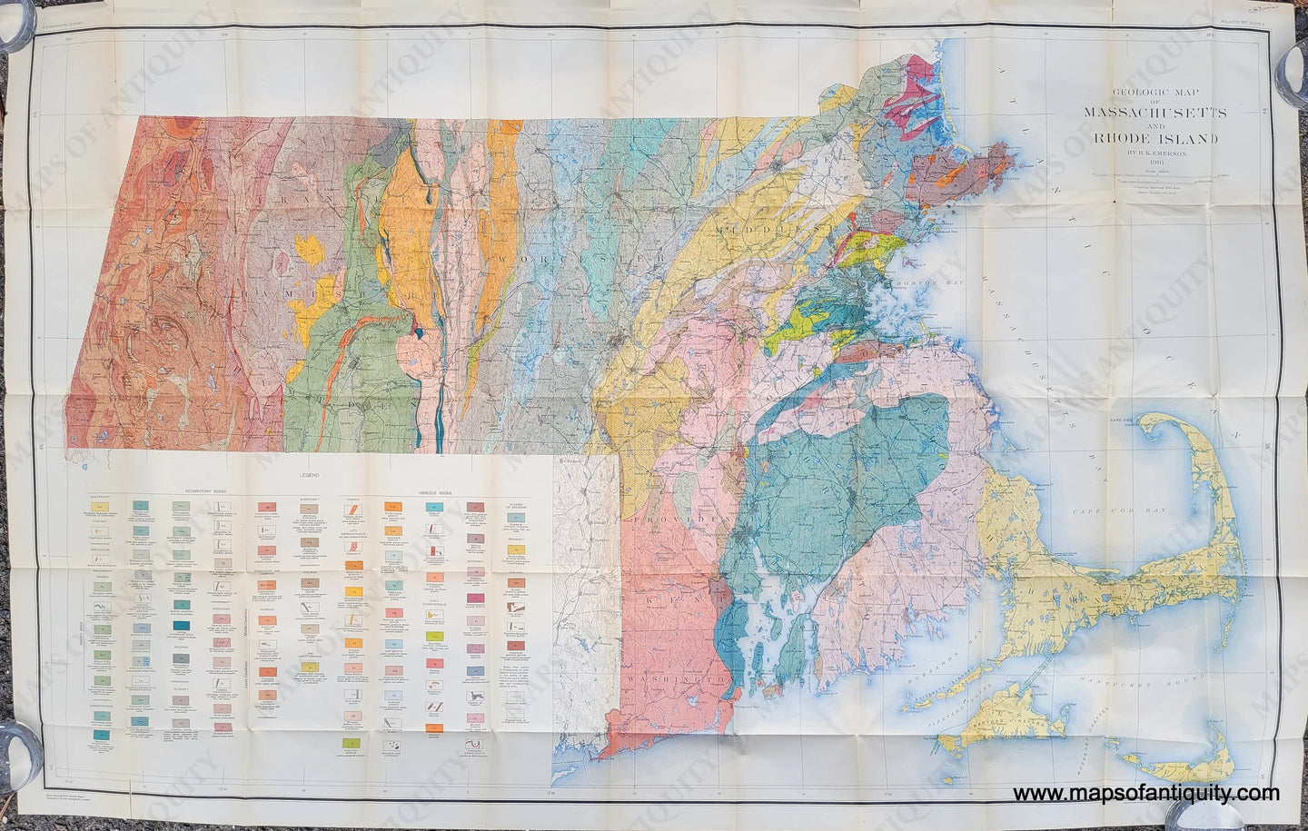 Antique printed-color Geologic Map of Massachusetts and Rhode Island Geological 1916 MA, RI