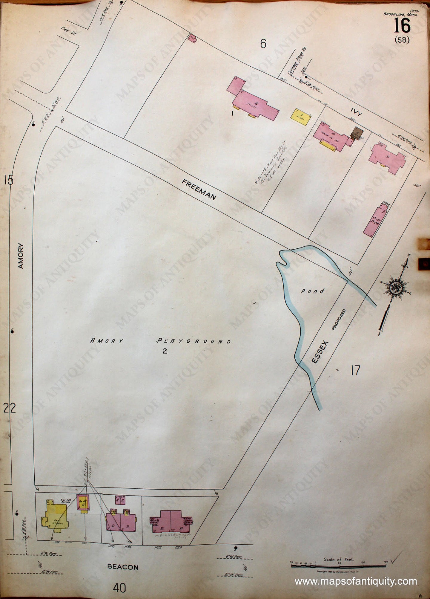 Antique-Hand-Colored-Map-Brookline-Mass.-Wards-16-and-17-United-States-Massachusetts-1925-Sanborn-Map-Co.-Maps-Of-Antiquity