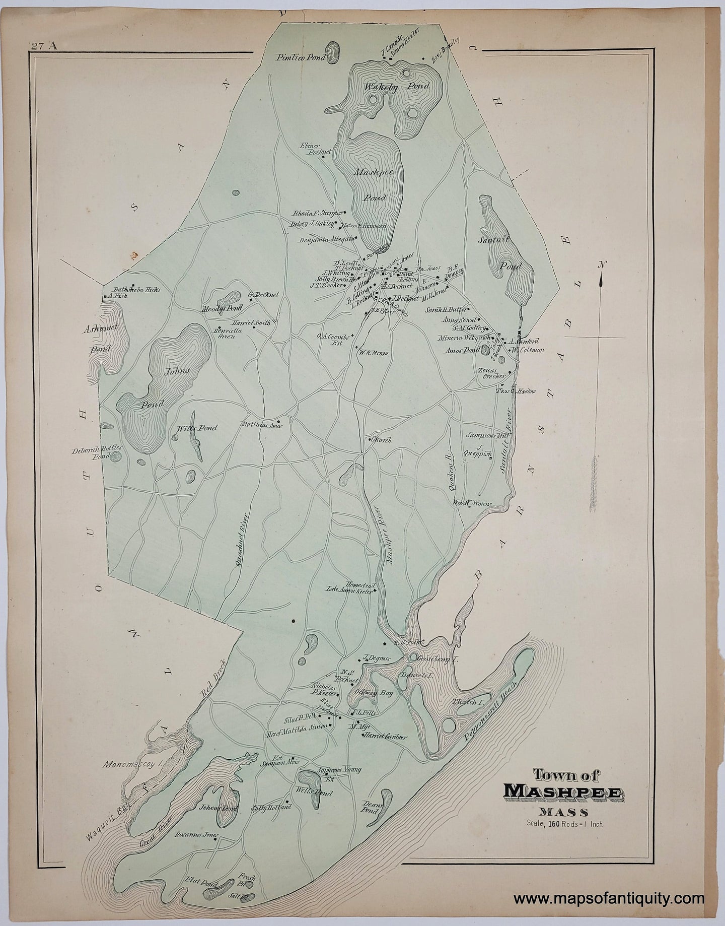 Antique map of Mashpee on Cape Cod in antique green color.