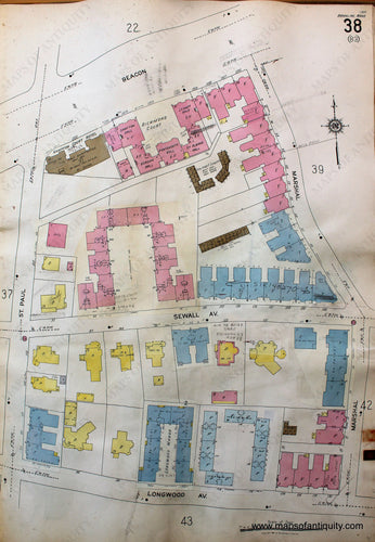 Antique-Hand-Colored-Map-Brookline-Mass.-Wards-38-and-39-United-States-Massachusetts-1925-Sanborn-Map-Co.-Maps-Of-Antiquity