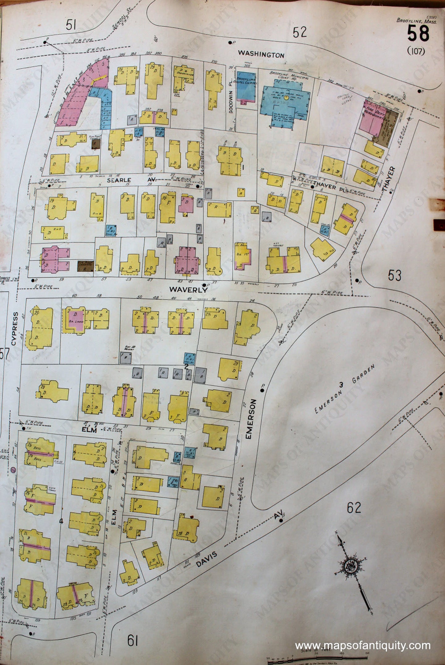 Antique-Hand-Colored-Map-Brookline-Mass.-Wards-58-and-59-United-States-Massachusetts-1925-Sanborn-Map-Co.-Maps-Of-Antiquity