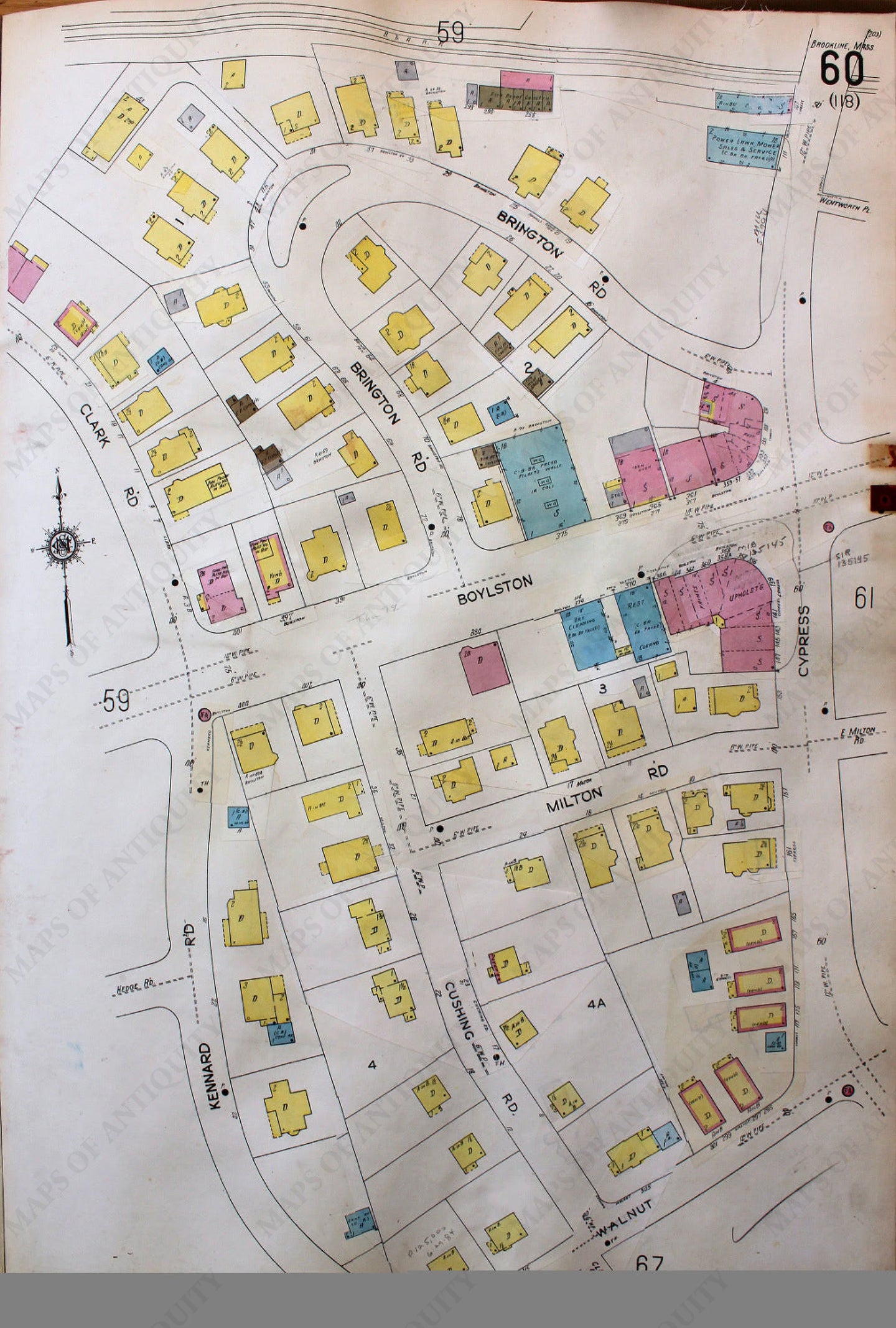 Antique-Hand-Colored-Map-Brookline-Mass.-Wards-60-and-61-United-States-Massachusetts-1925-Sanborn-Map-Co.-Maps-Of-Antiquity