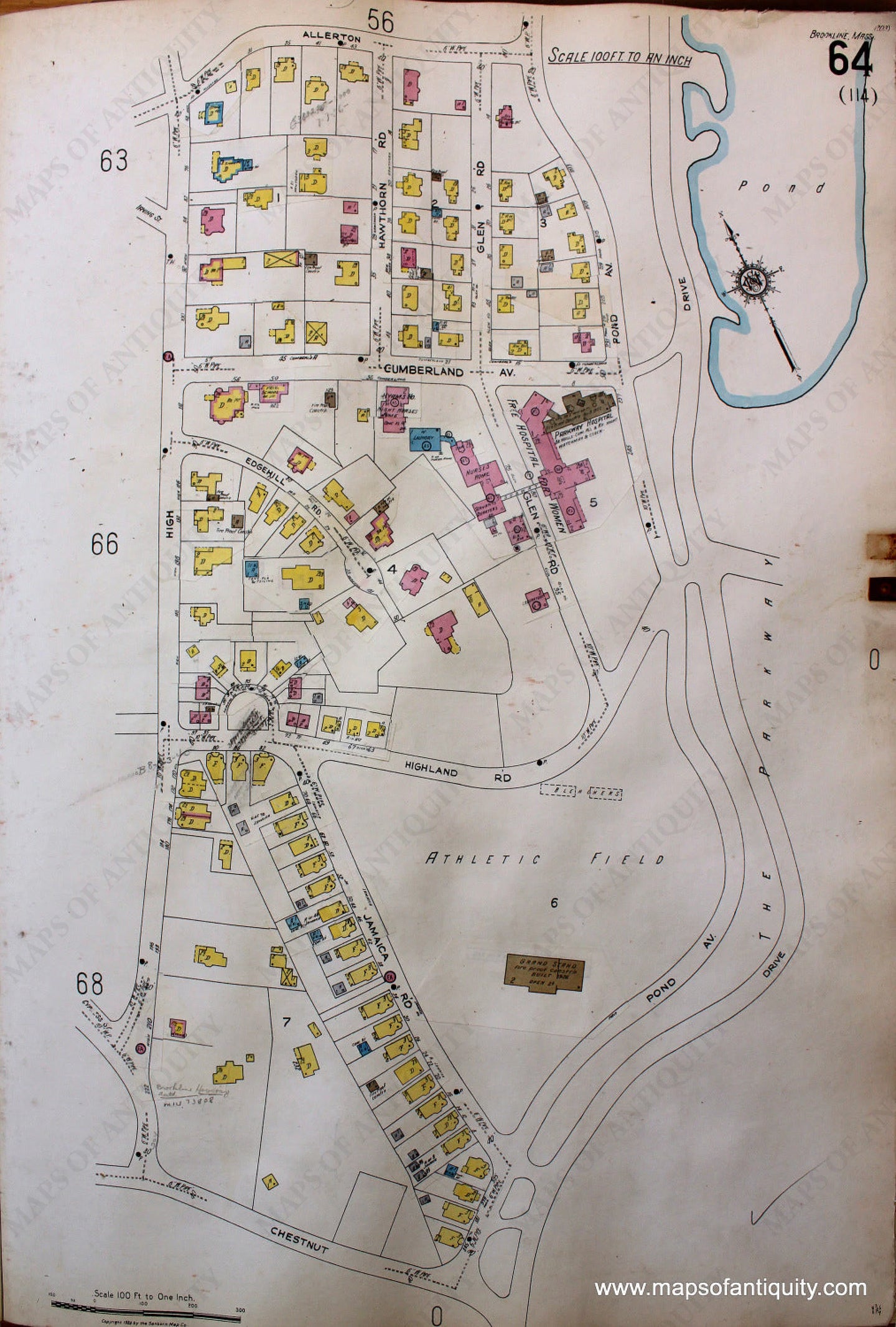 Antique-Hand-Colored-Map-Brookline-Mass.-Wards-64-and-65-United-States-Massachusetts-1925-Sanborn-Map-Co.-Maps-Of-Antiquity