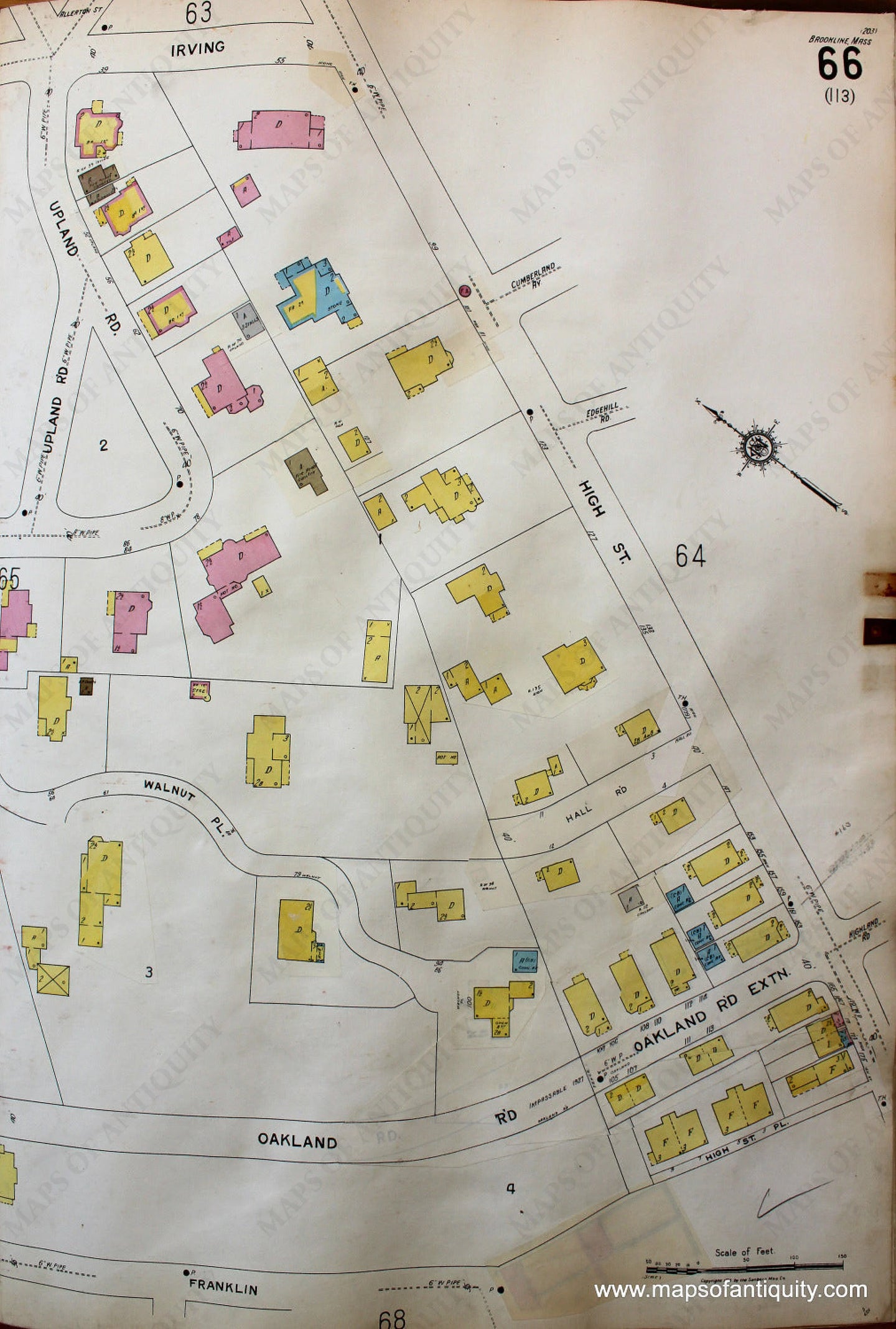 Antique-Hand-Colored-Map-Brookline-Mass.-Wards-66-and-67-United-States-Massachusetts-1925-Sanborn-Map-Co.-Maps-Of-Antiquity