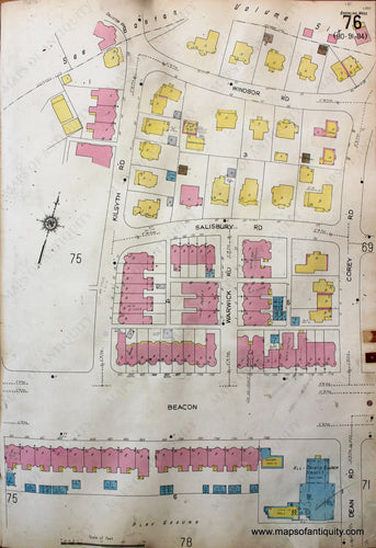 Antique-Hand-Colored-Map-Brookline-Mass.-Wards-76-and-77-United-States-Massachusetts-1925-Sanborn-Map-Co.-Maps-Of-Antiquity