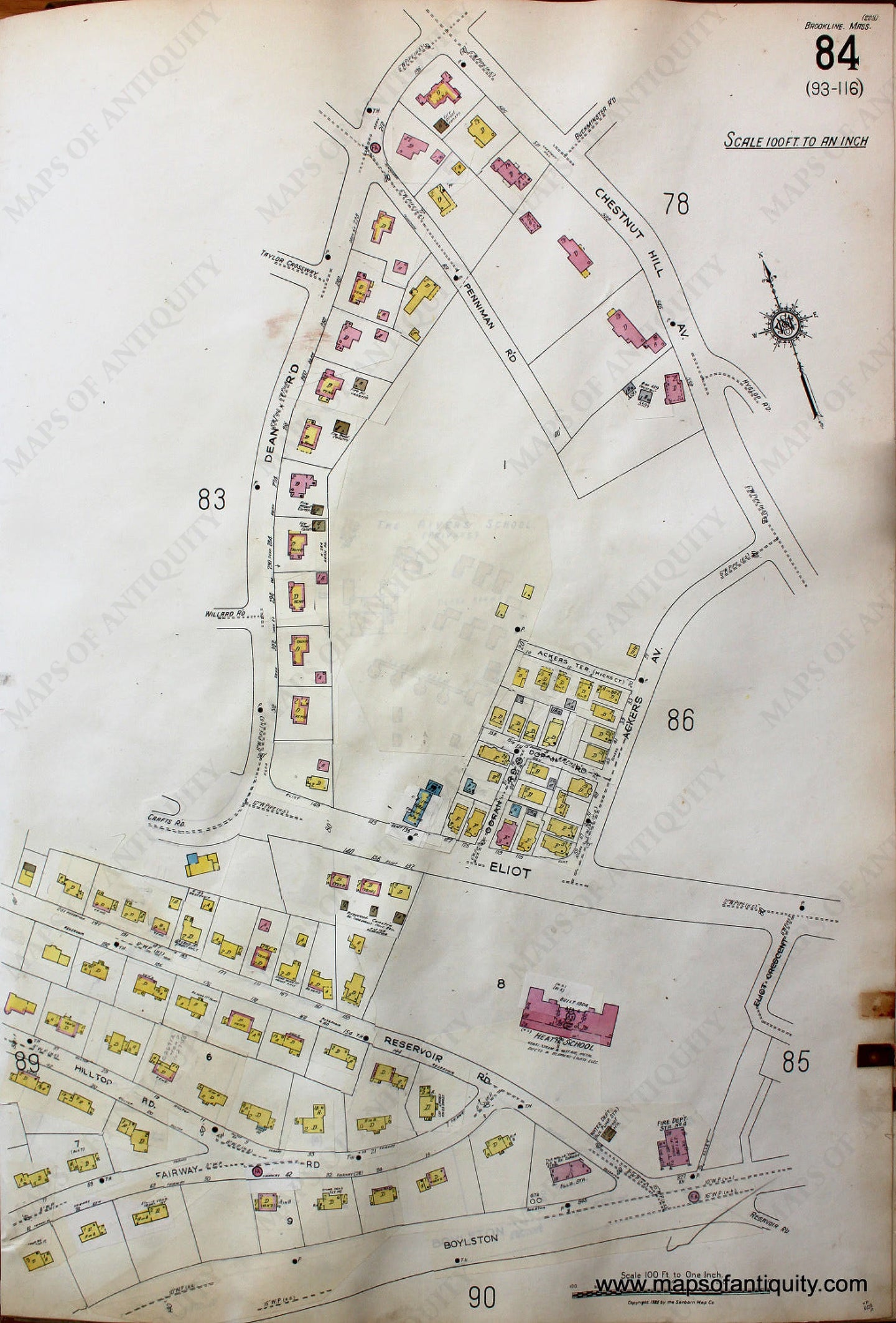 Antique-Hand-Colored-Map-Brookline-Mass.-Wards-84-and-85-United-States-Massachusetts-1925-Sanborn-Map-Co.-Maps-Of-Antiquity