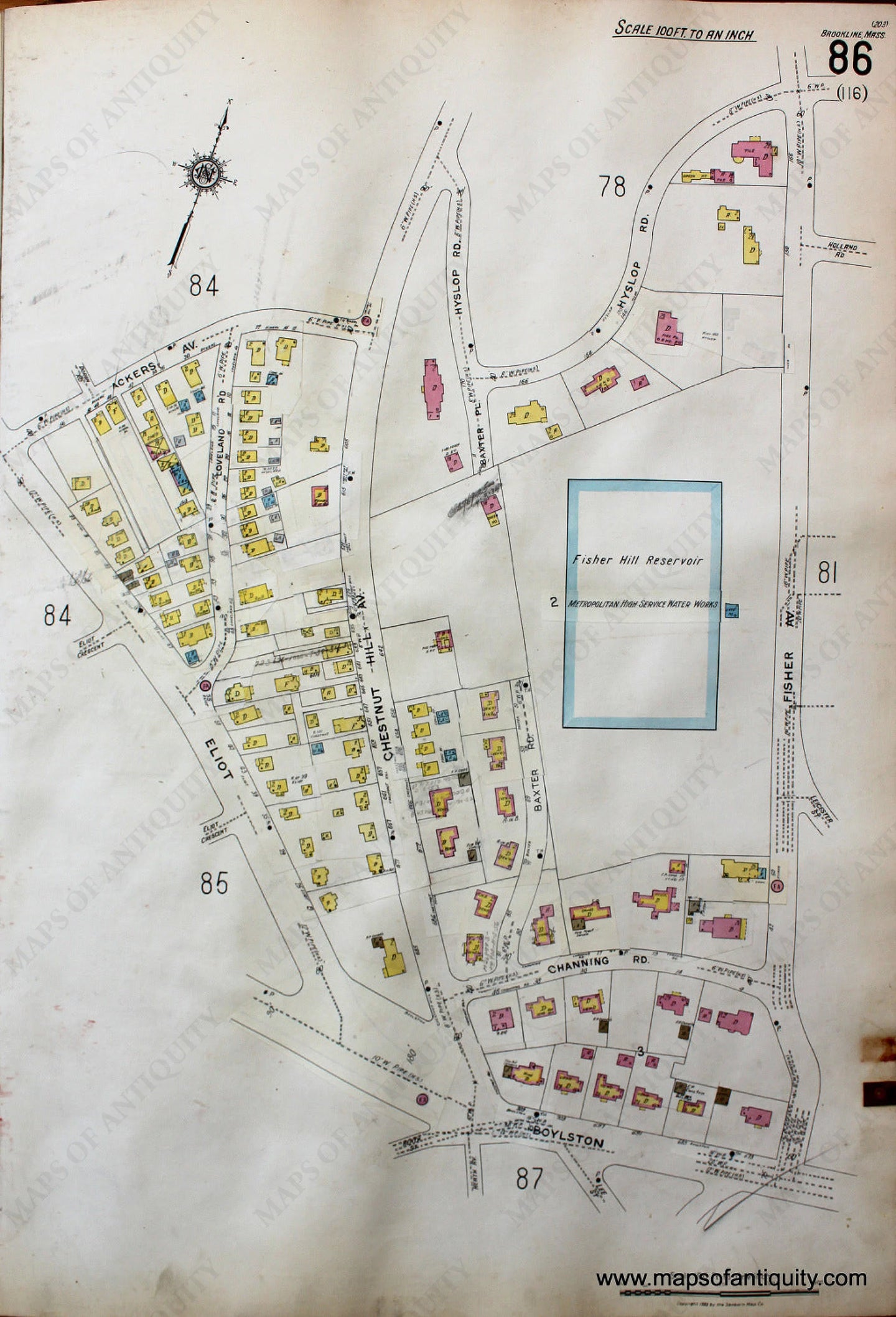 Antique-Hand-Colored-Map-Brookline-Mass.-Wards-86-and-87-United-States-Massachusetts-1925-Sanborn-Map-Co.-Maps-Of-Antiquity