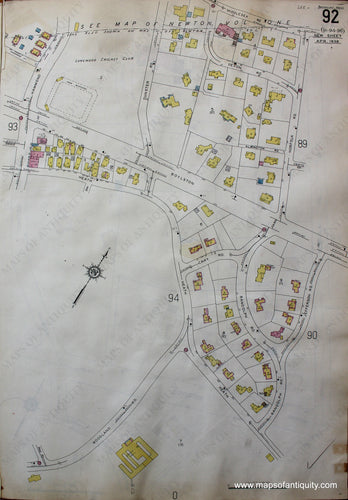 Antique-Hand-Colored-Map-Brookline-Mass.-Wards-92-and-93-United-States-Massachusetts-1925-Sanborn-Map-Co.-Maps-Of-Antiquity