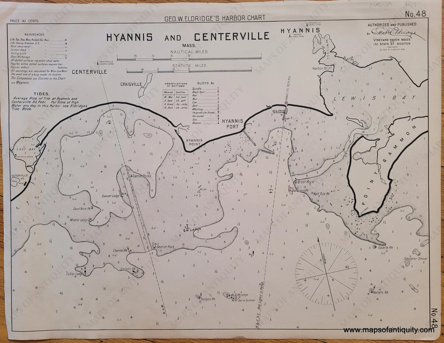 Black-and-White-Antique--Nautical-Chart-Hyannis-and-Centerville-Massachusetts-Cape-Cod-and-Islands-1914-Eldridge-Maps-Of-Antiquity