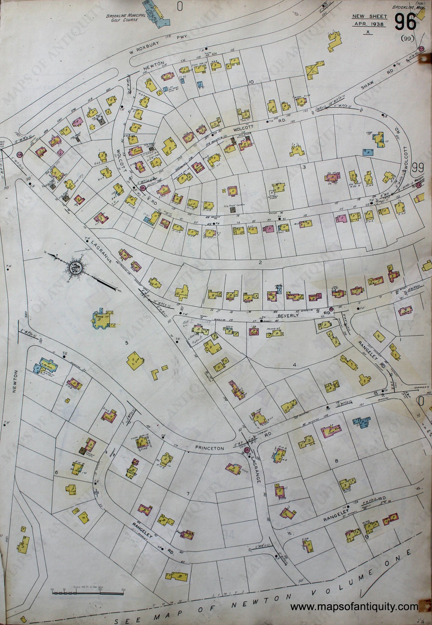 Antique-Hand-Colored-Map-Brookline-Mass.-Wards-96-and-97-United-States-Massachusetts-1925-Sanborn-Map-Co.-Maps-Of-Antiquity