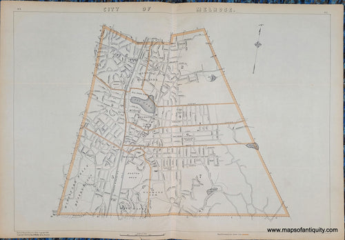 Antique map of the city of Melrose, MA Massachusetts, published 1904 by George H Walker. 20th century. Maps of Antiquity. printed color in light orange indicates districts of the city.