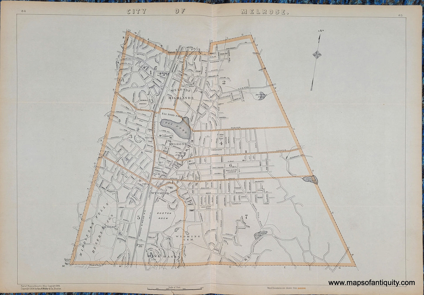 Antique map of the city of Melrose, MA Massachusetts, published 1904 by George H Walker. 20th century. Maps of Antiquity. printed color in light orange indicates districts of the city.