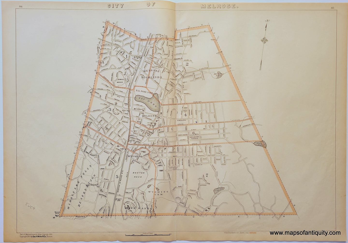 Antique map of the city of Melrose, MA Massachusetts, published 1904 by George H Walker. 20th century. Maps of Antiquity