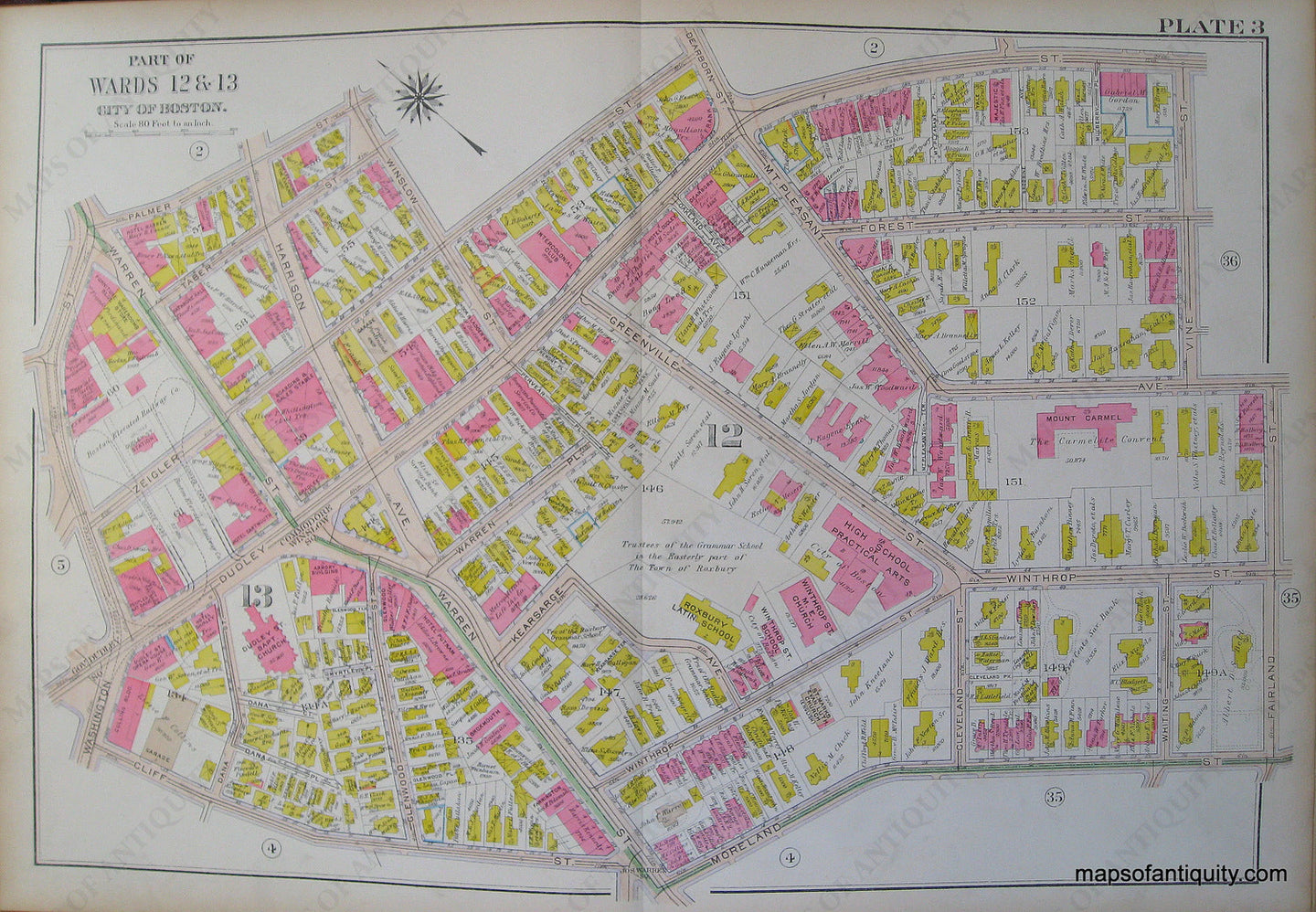 Antique-Hand-Colored-Map-City-of-Boston-Plate-3-(MA)-**********-United-States-Massachusetts-1915-Bromley-Maps-Of-Antiquity