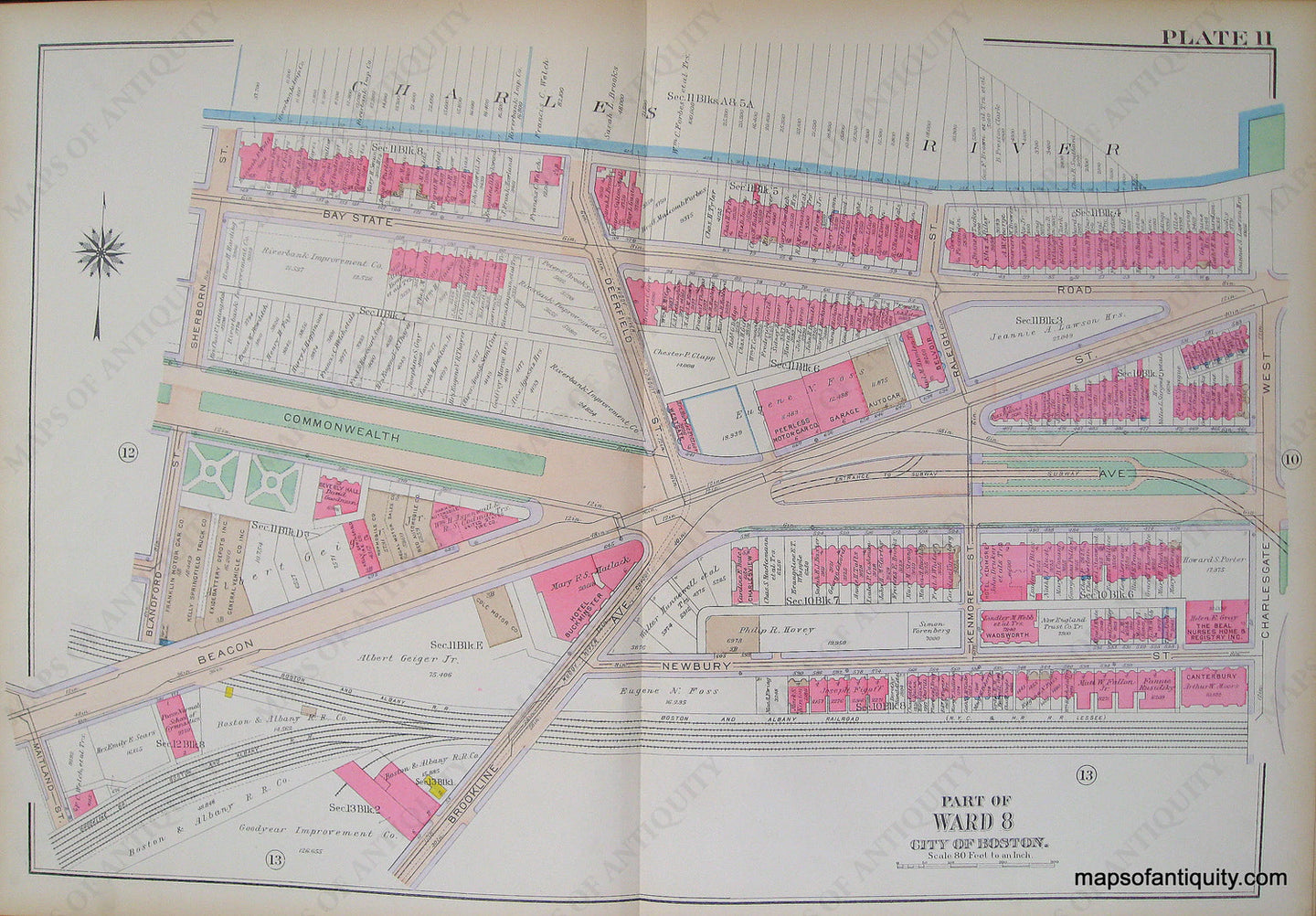 Antique-Hand-Colored-Map-City-of-Boston-Plate-11-(MA)-United-States-Massachusetts-1915-Bromley-Maps-Of-Antiquity